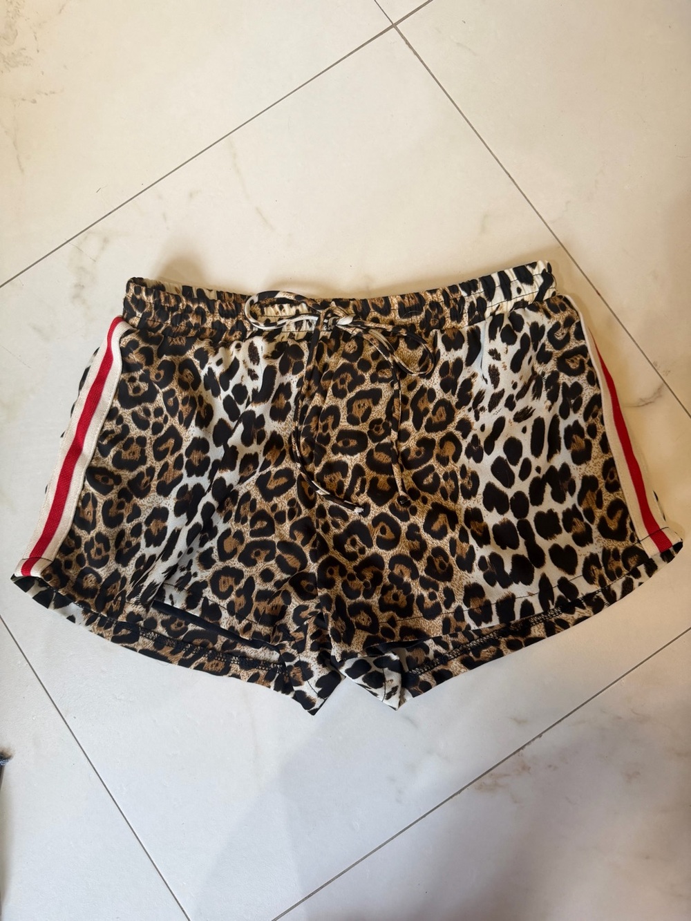 Vintage Havana Leopard-Print Athletic Shorts with Red Side Stripe